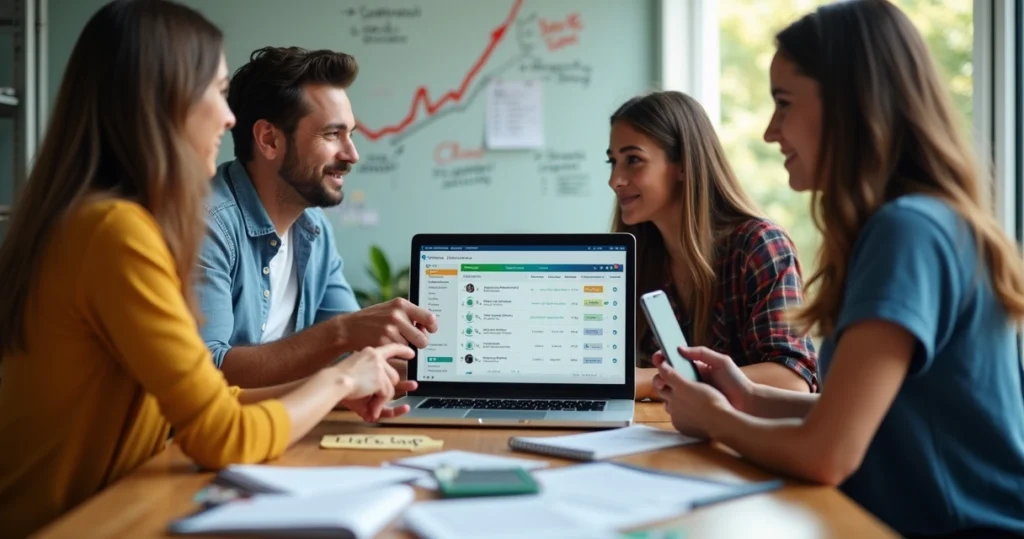 Equipe de pequena empresa usando CRM simples em laptop e celular para organizar vendas