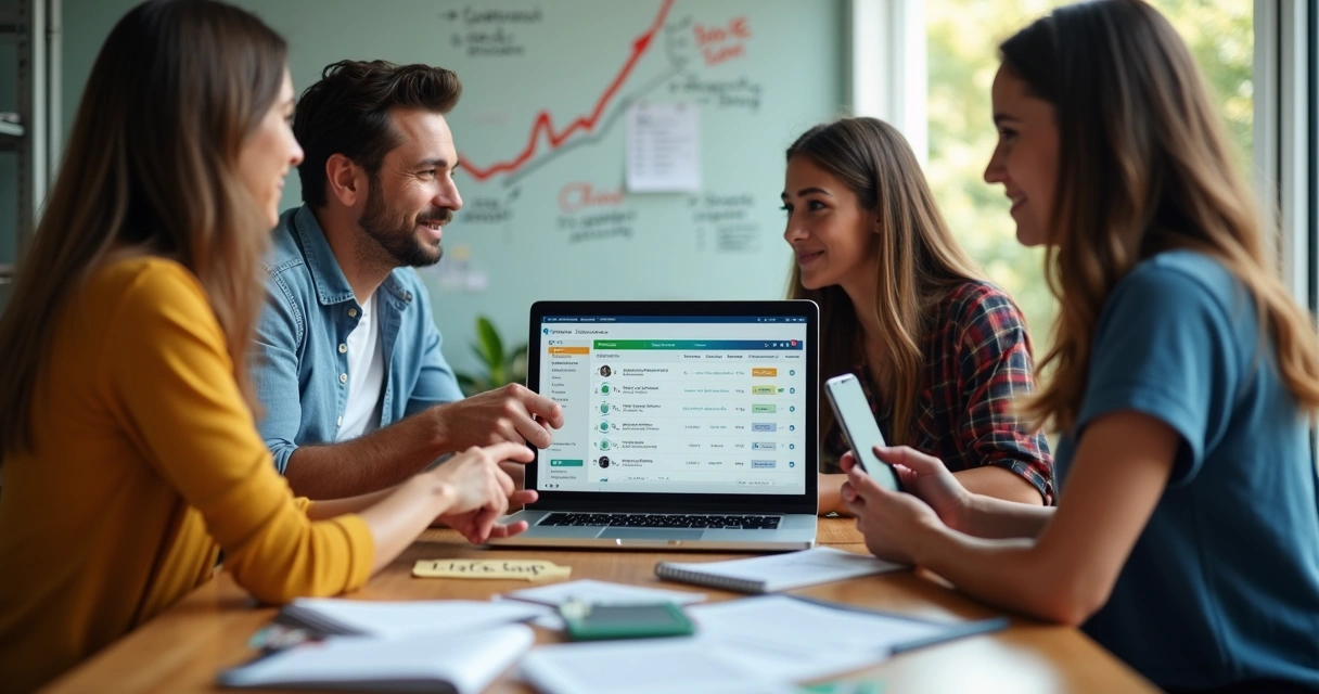 Equipe de pequena empresa usando CRM simples em laptop e celular para organizar vendas