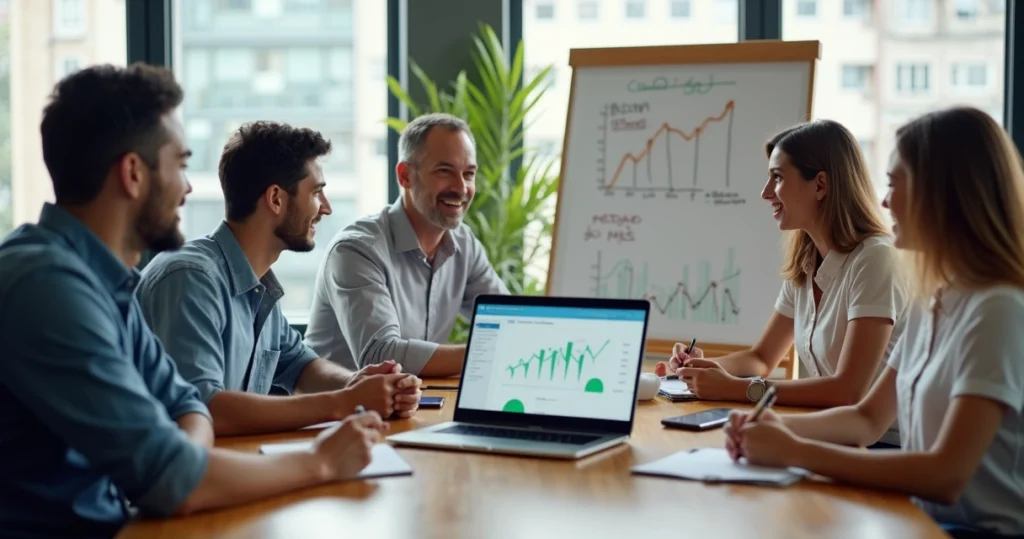 Gestor de vendas dando feedback para pequena equipe em reunião informal