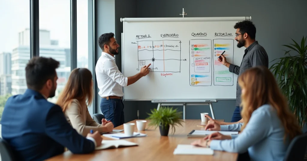 Equipe pequena de vendas definindo metas trimestrais em quadro branco