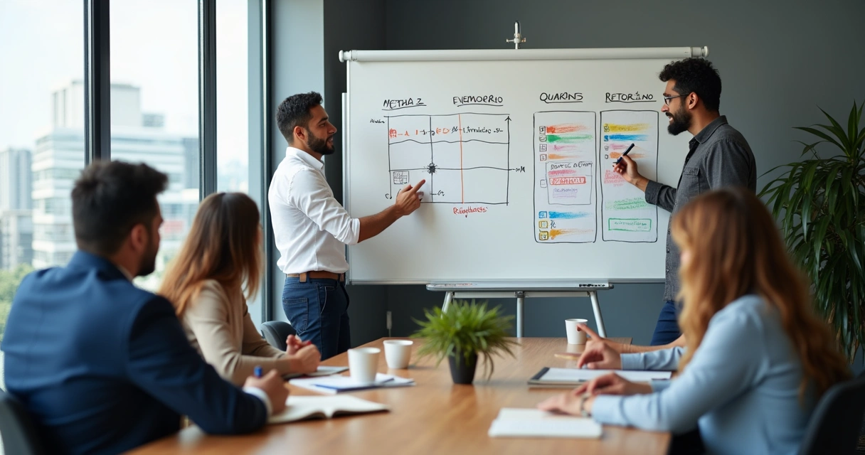 Equipe pequena de vendas definindo metas trimestrais em quadro branco