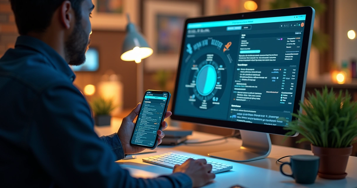 Pessoa usando computador e celular com planilha e sistema CRM de vendas na tela