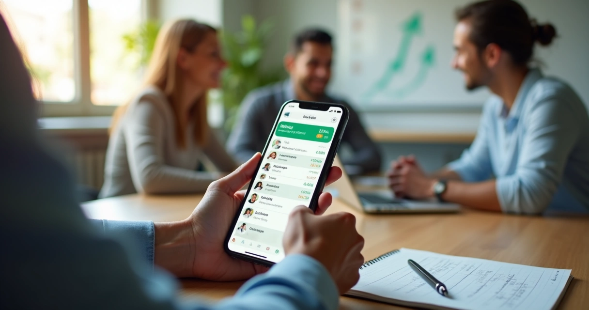 Vendedor usando CRM no celular ao lado de pequena equipe de vendas