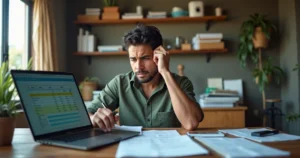Dono de pequena empresa olhando preocupado para notebook e planilha impressa