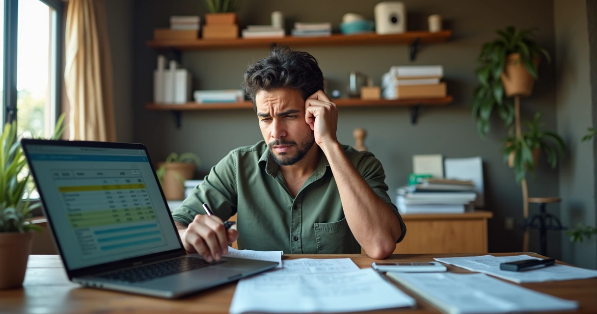 Dono de pequena empresa olhando preocupado para notebook e planilha impressa