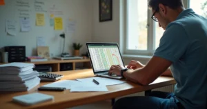Empreendedor olhando preocupado para planilha de vendas bagunçada no notebook