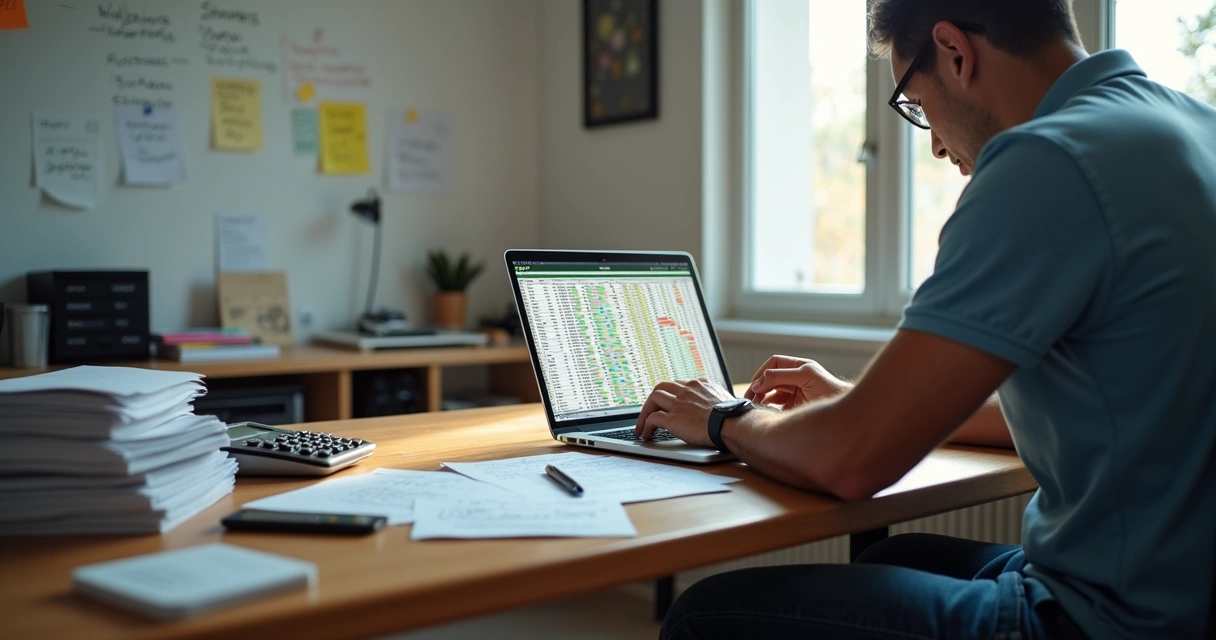 Empreendedor olhando preocupado para planilha de vendas bagunçada no notebook