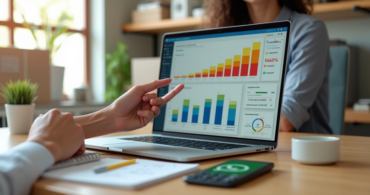 Dono de pequena empresa brasileira analisando ticket médio em gráficos coloridos na tela do notebook