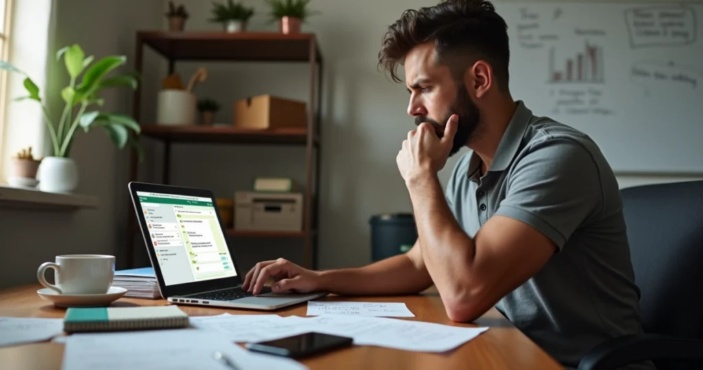 Dono de pequena empresa olhando preocupado para conversa de WhatsApp sem resposta