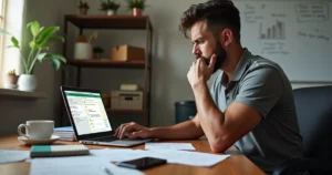 Dono de pequena empresa olhando preocupado para conversa de WhatsApp sem resposta