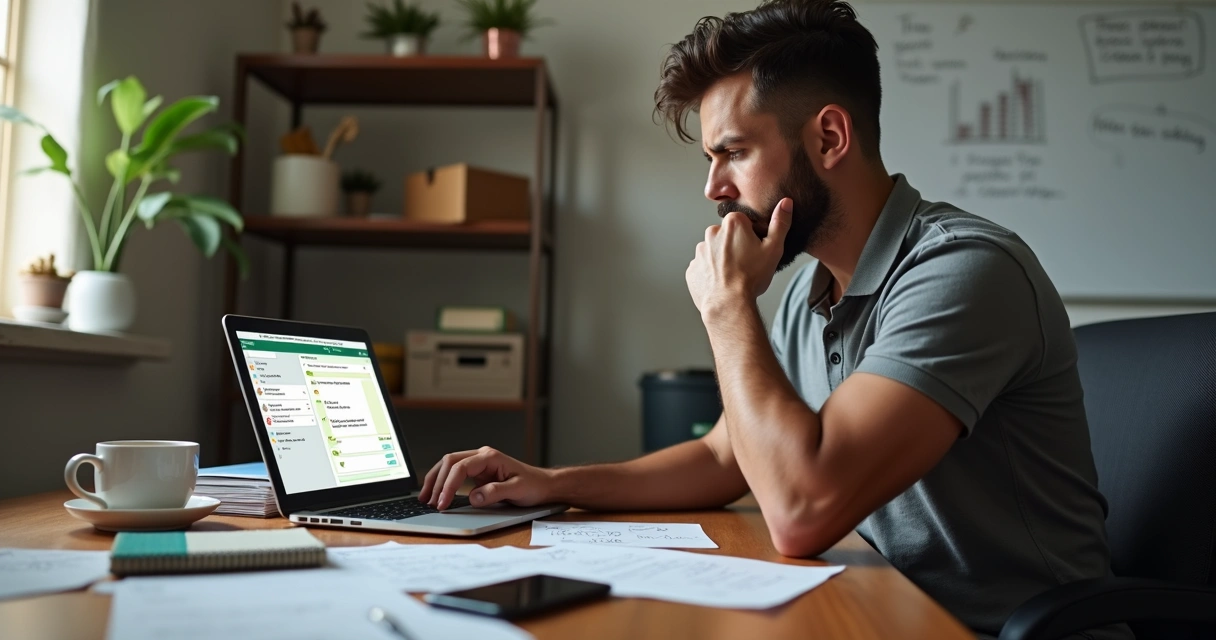 Dono de pequena empresa olhando preocupado para conversa de WhatsApp sem resposta