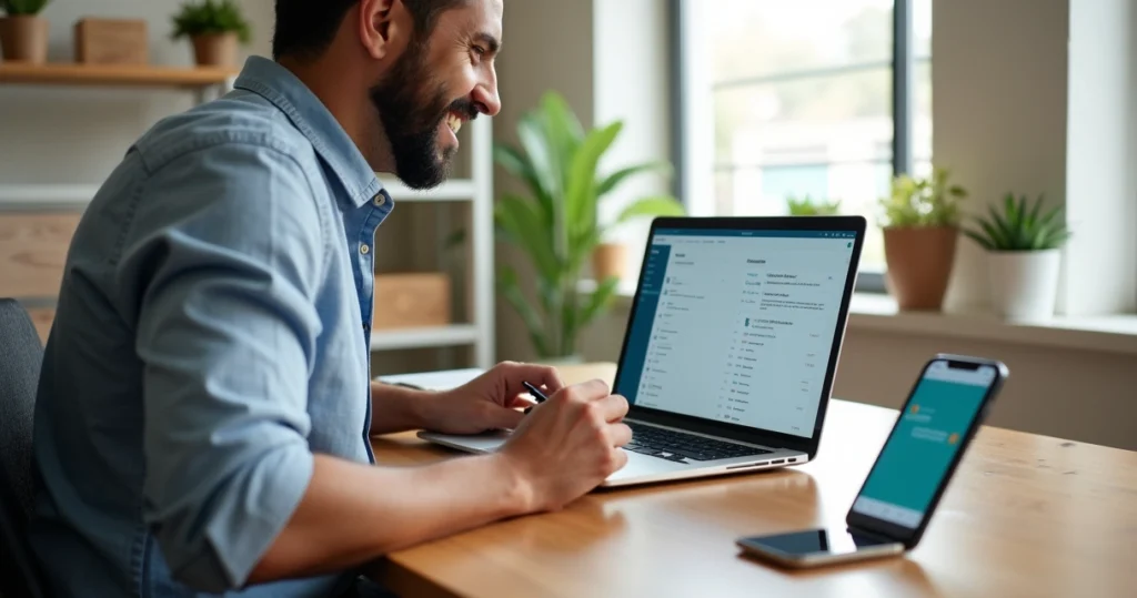 Dono de pequena empresa registrando conversa de WhatsApp com cliente em um CRM simples no notebook