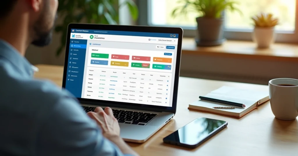 Empresário acompanhando leads em CRM simples com integração ao WhatsApp em notebook e celular