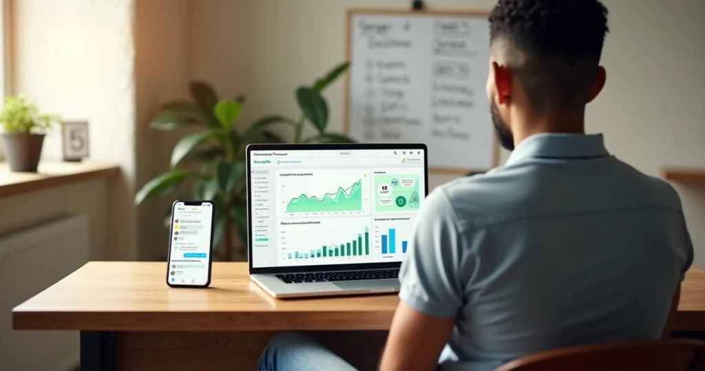 Dono de pequena empresa olhando painel de indicadores de vendas no notebook