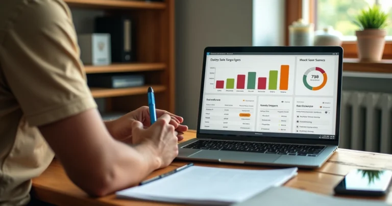 Dono de pequena empresa analisando metas diárias de vendas em gráfico simples