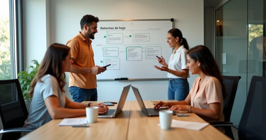 Pequena equipe de vendas alinhada em reunião rápida ao redor de mesa de escritório