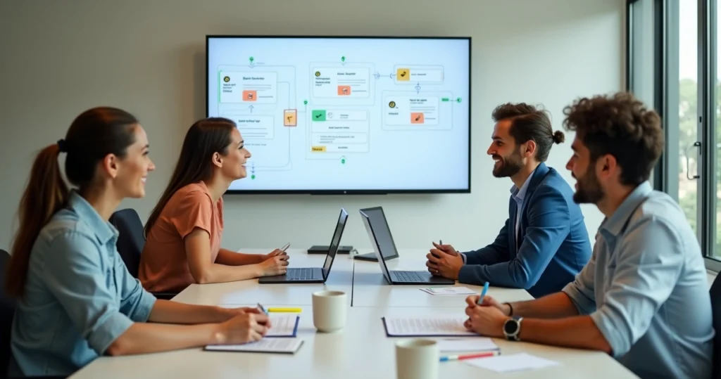 Equipe de vendas de pequena empresa fazendo role play de atendimento em sala de reunião