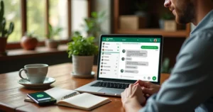 Vendedora de pequena empresa usando WhatsApp Web para organizar vendas no notebook