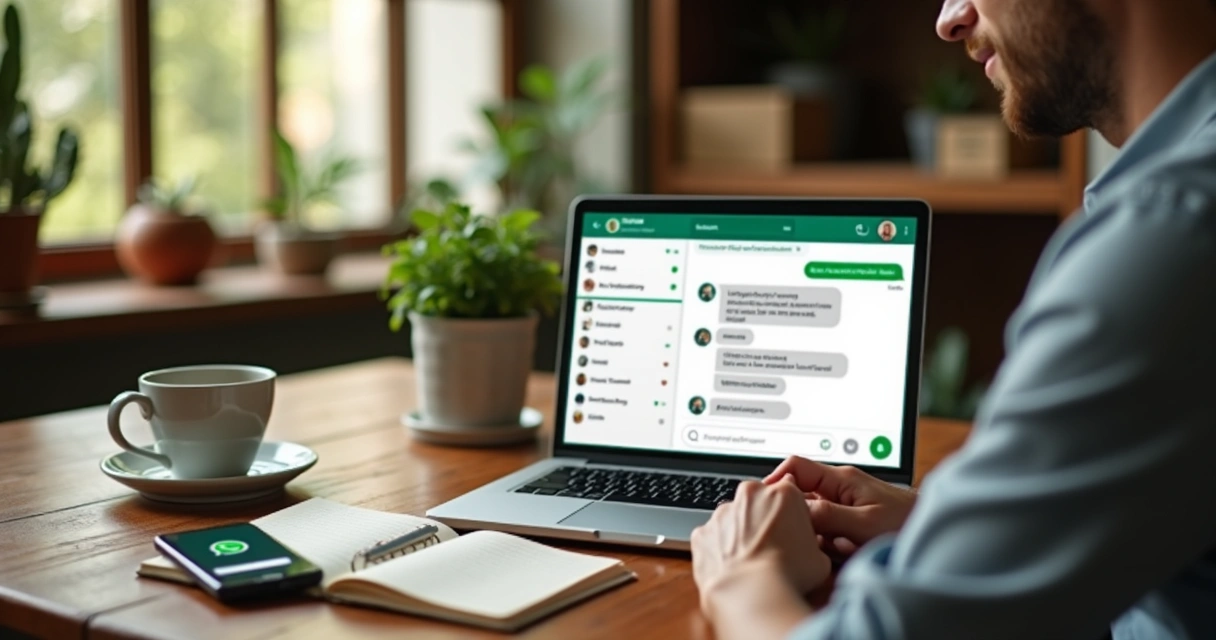 Vendedora de pequena empresa usando WhatsApp Web para organizar vendas no notebook