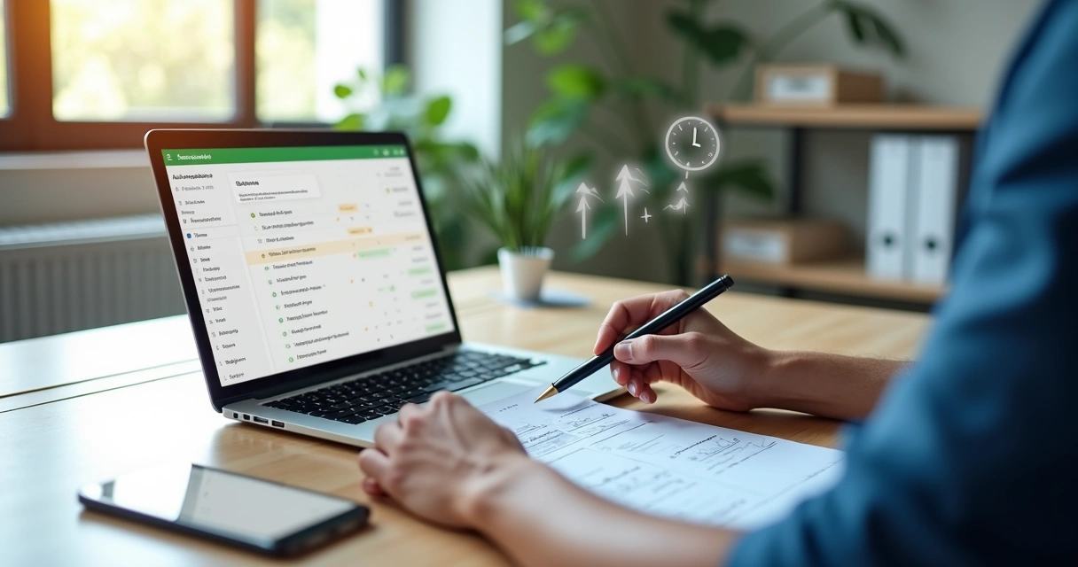 Vendedor conferindo checklist de retornos no CRM no notebook e no celular