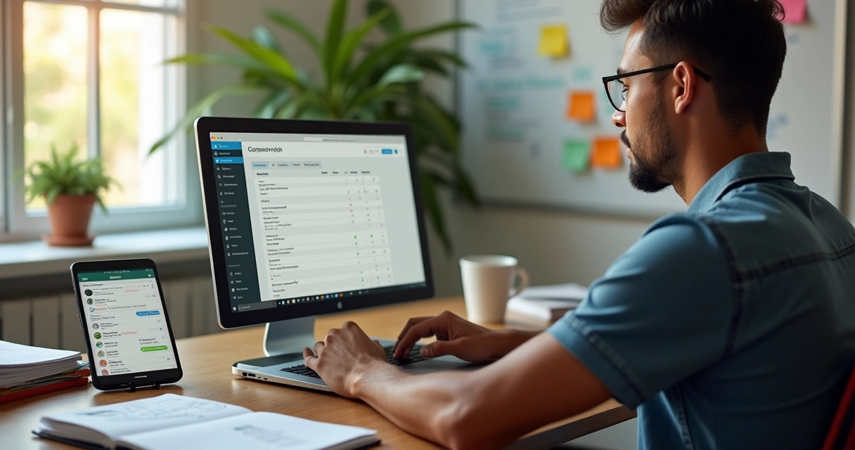 Vendedor brasileiro organizando histórico de clientes em CRM simples no notebook e no celular