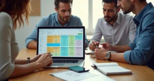 Equipe de pequena empresa usando CRM simples em laptop e celular