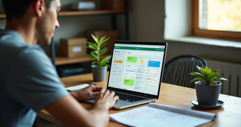 Dono de pequena empresa usando CRM simples no notebook com WhatsApp aberto