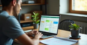 Dono de pequena empresa usando CRM simples no notebook com WhatsApp aberto