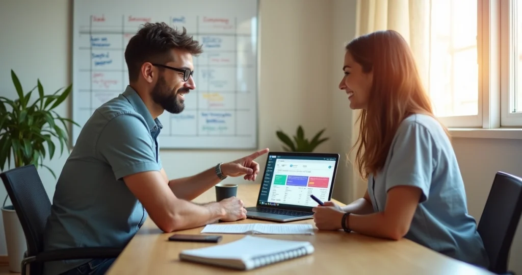 Dois vendedores conversando diante de tela com funil de vendas