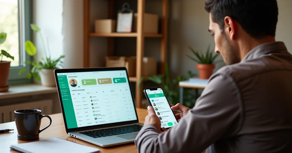 Dono de pequena empresa usando CRM no celular com conversas de vendas integradas ao WhatsApp