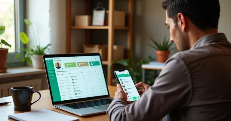 Dono de pequena empresa usando CRM no celular com conversas de vendas integradas ao WhatsApp