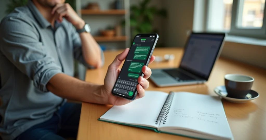 Empreendedor olhando tela do WhatsApp com conversas de clientes frios