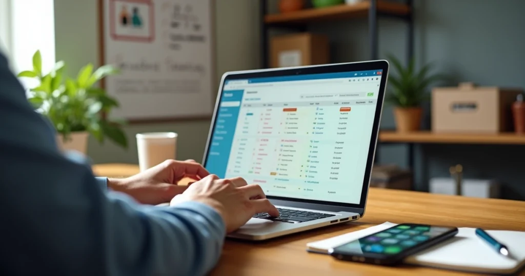 Empresário atualizando lista de negócios no notebook com agenda e celular na mesa