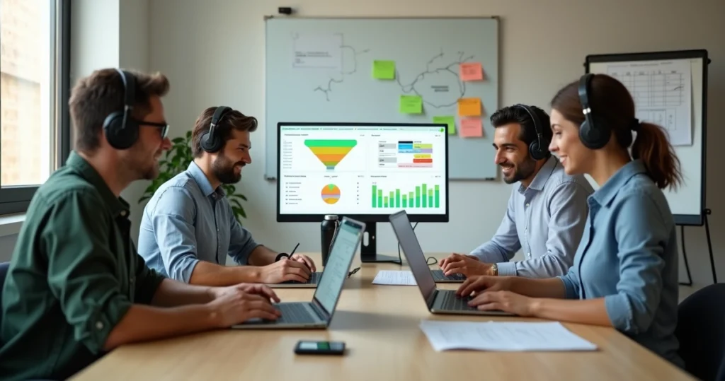 Equipe de vendas remotas em pequena empresa usando computador e WhatsApp