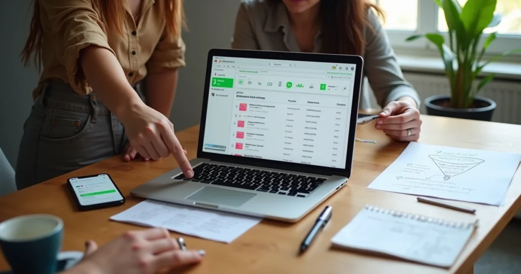 Pequena equipe analisando captação de leads em painel simples no notebook