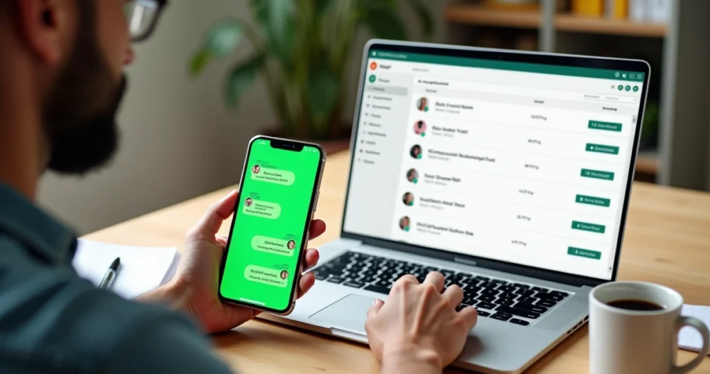 Empresário usando celular com tela de WhatsApp ao lado de laptop mostrando CRM de vendas