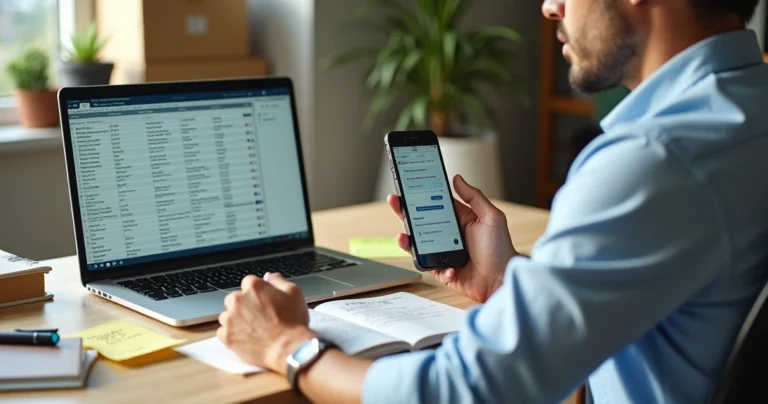 Dono de pequena empresa organizando vendas em planilha e celular com WhatsApp aberto