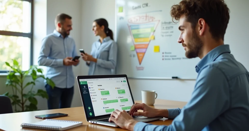 SDR organizando leads em CRM simples com WhatsApp aberto na tela