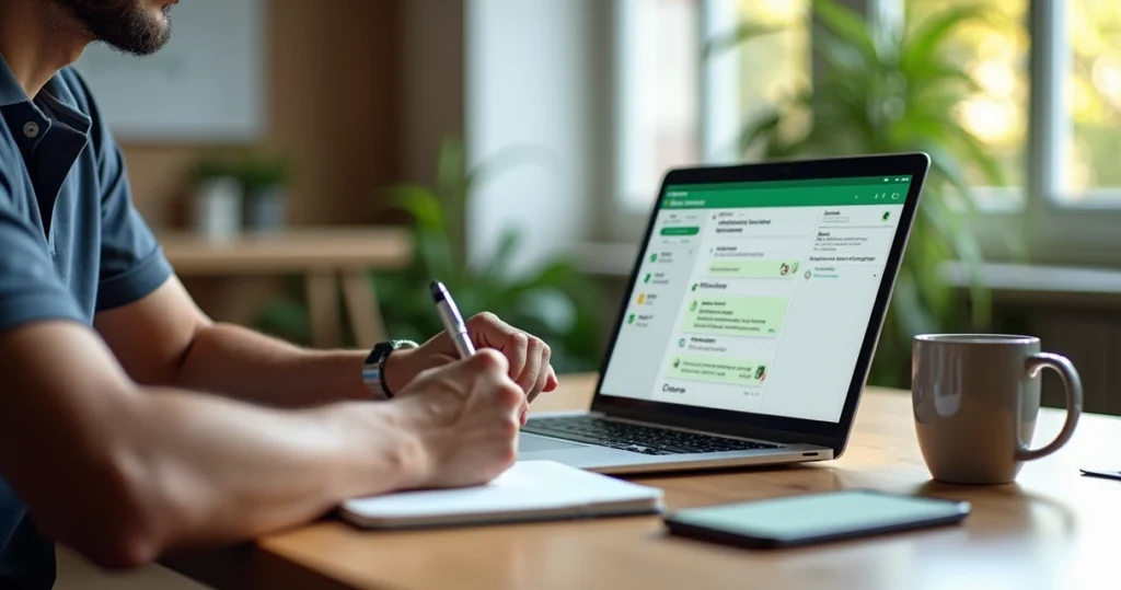 Vendedor anotando detalhes de conversa com cliente no notebook e no celular
