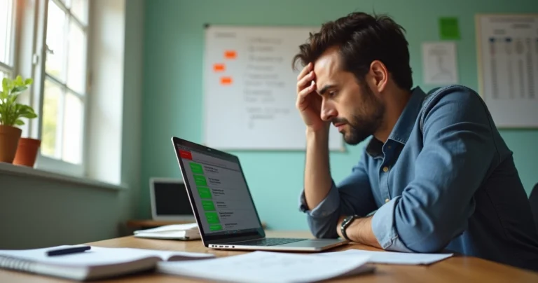 Vendedor olhando preocupado para conversas acumuladas no celular