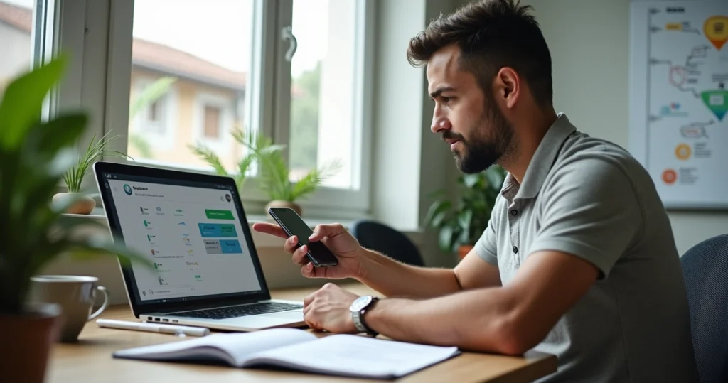 Vendedor em pequeno escritório usando WhatsApp para prospecção outbound