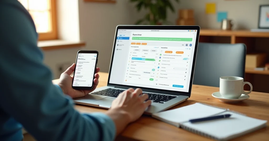 Vendedor de pequena empresa organizando rotina de vendas no notebook e celular