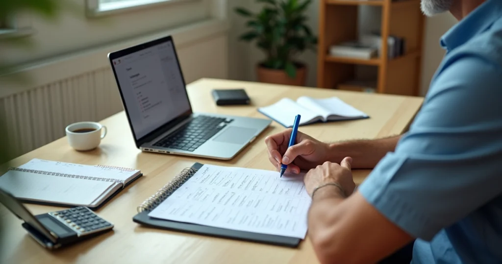 Vendedor organizando checklist de reunião de vendas em mesa com notebook e papéis