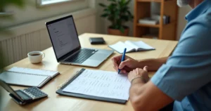 Vendedor organizando checklist de reunião de vendas em mesa com notebook e papéis