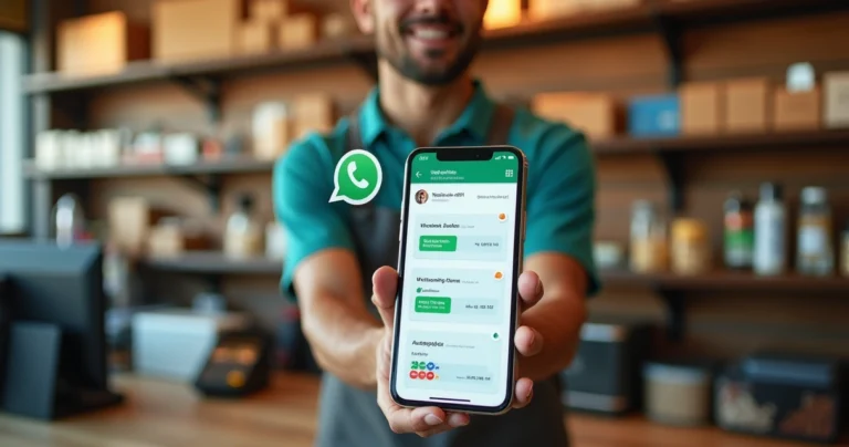 Dono de pequena loja usando painel de CRM integrado ao WhatsApp no celular