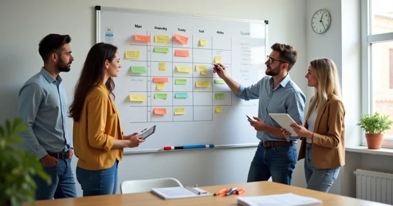 Equipe discutindo agenda compartilhada em frente a quadro de calendário colorido