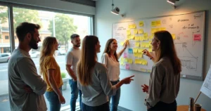 Equipe de vendas brasileira reunida em frente a quadro com frases motivacionais coloridas