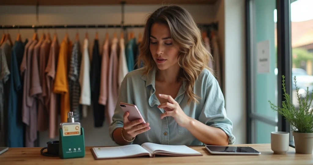 Vendedora gravando mensagem de voz no WhatsApp em ambiente de loja pequena