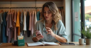 Vendedora gravando mensagem de voz no WhatsApp em ambiente de loja pequena