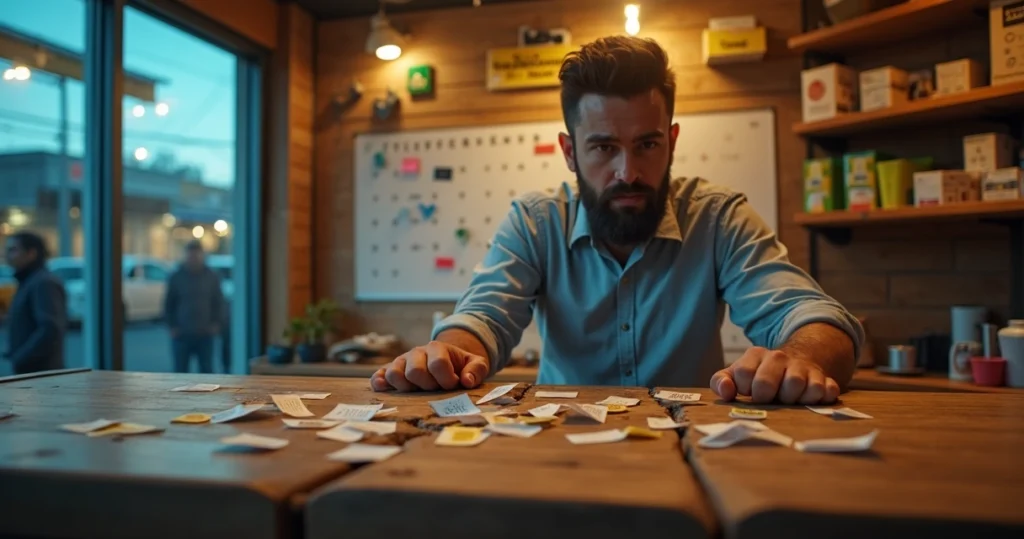 Vendedor observa ícones de dinheiro escapando por rachaduras em balcão de loja